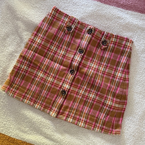 Anthropologie Maeve Pink and Brown Plaid Mini Skirt - Picture 1 of 11